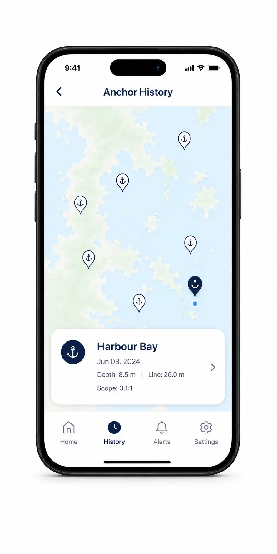 Ancho app Anchor History map with saved anchorage pins