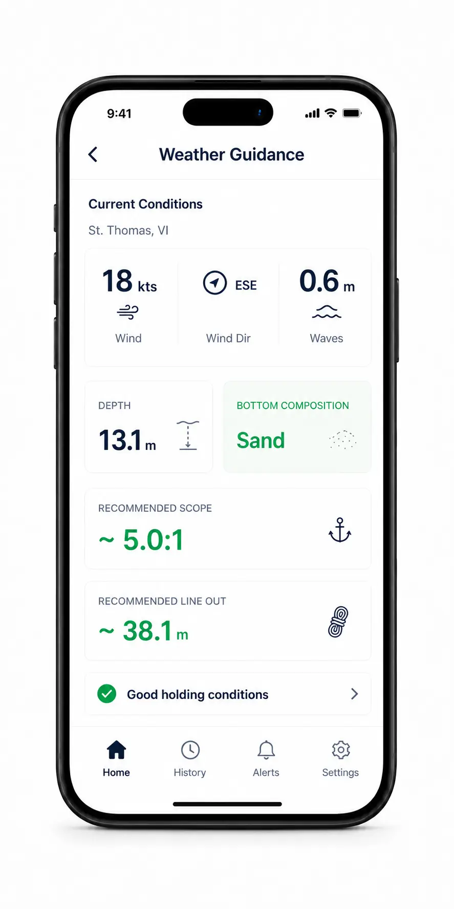 Ancho app Weather Guidance screen with recommended scope and line out