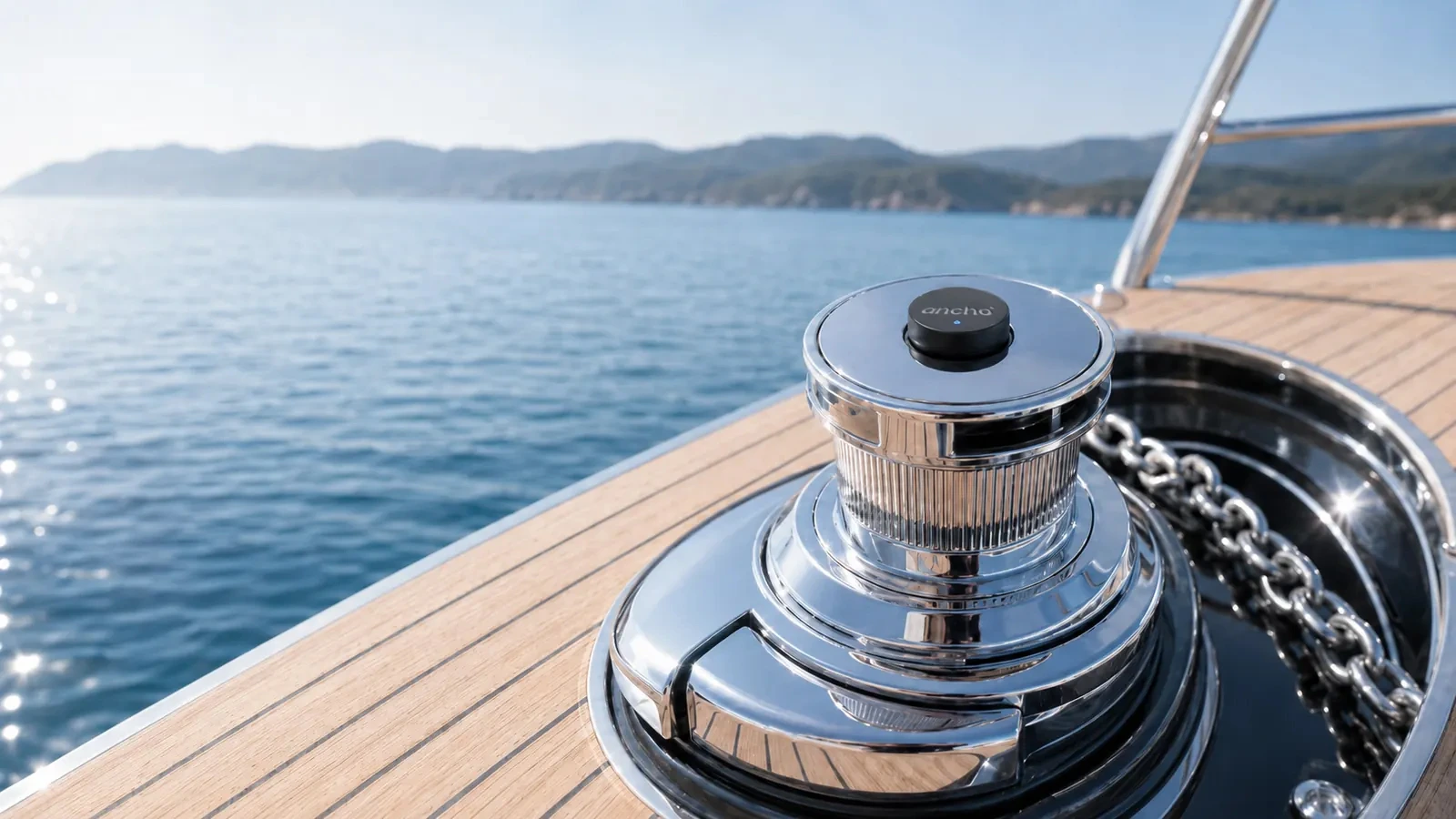 Ancho sensor mounted on a polished chrome yacht winch with blue ocean in the background